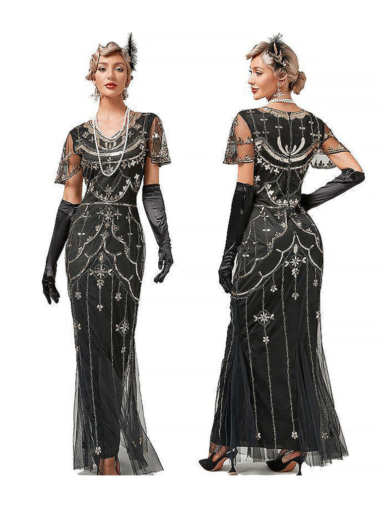 Schwarz 1920er Pailletten Maschen Abendkleid im Meerjungfrauen-Stil
