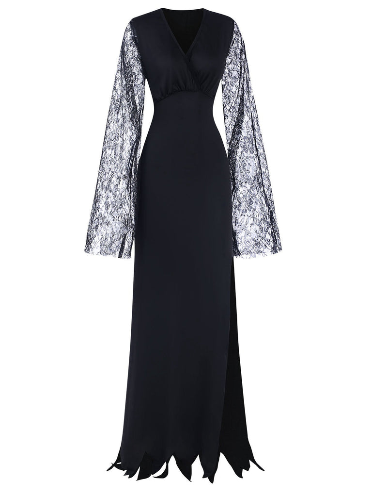 Schwarz 1930er Spitze Ärmel Bodenlänge Gothic Kleid