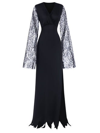 Schwarz 1930er Spitze Ärmel Bodenlänge Gothic Kleid