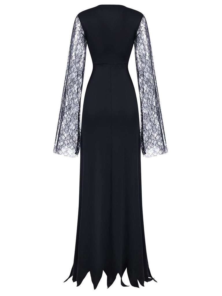 Schwarz 1930er Spitze Ärmel Bodenlänge Gothic Kleid