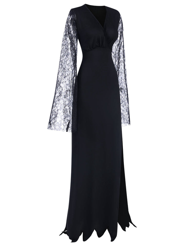 Schwarz 1930er Spitze Ärmel Bodenlänge Gothic Kleid