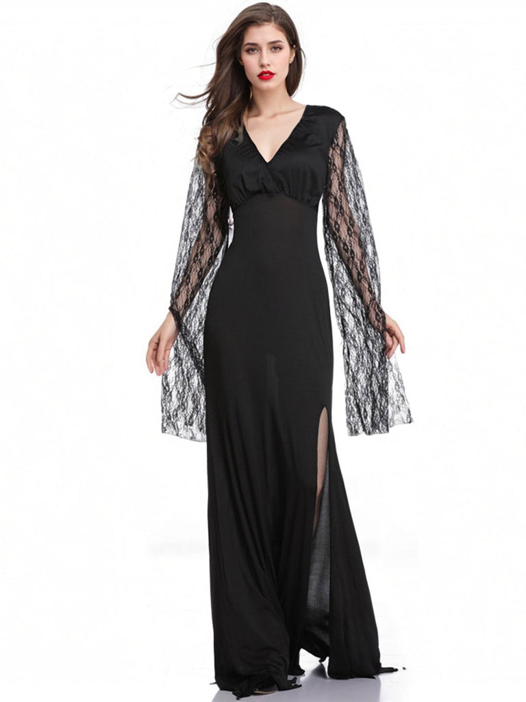 Schwarz 1930er Spitze Ärmel Bodenlänge Gothic Kleid