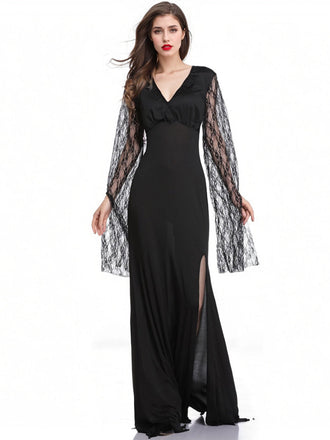 Schwarz 1930er Spitze Ärmel Bodenlänge Gothic Kleid