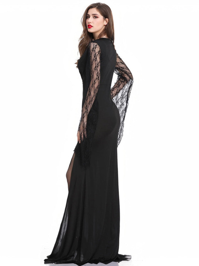 Schwarz 1930er Spitze Ärmel Bodenlänge Gothic Kleid