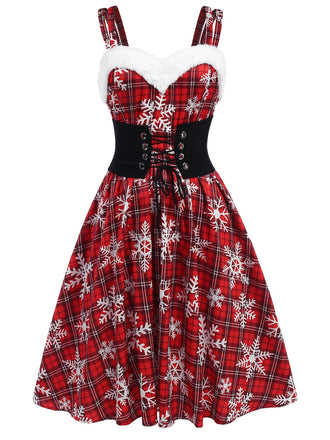 Rot 1950er Schneeflocke Plaid Plüsch Trimmen Kleid