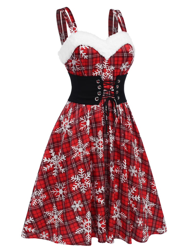 Rot 1950er Schneeflocke Plaid Plüsch Trimmen Kleid