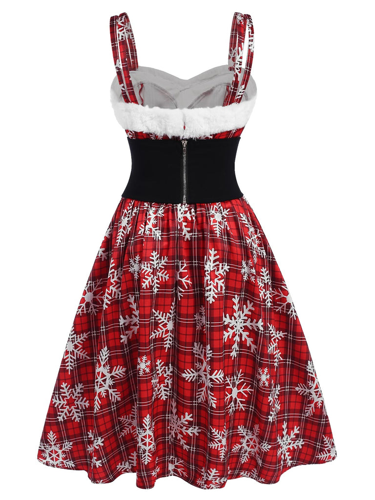 Rot 1950er Schneeflocke Plaid Plüsch Trimmen Kleid
