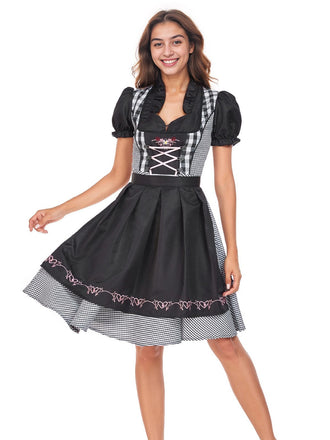 2PCS Schwarz 1950er Oktoberfest Dirndl Puffärmel Gingham Kleid mit Schürze