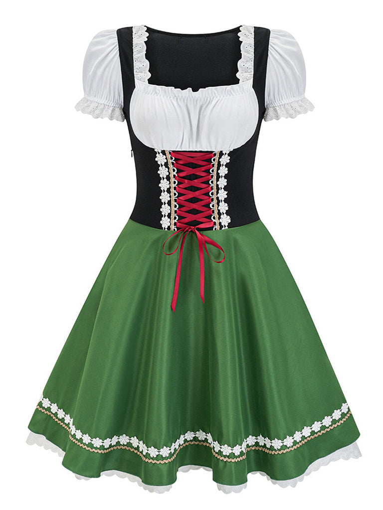 Grün 1950er Oktoberfest Dirndl Puffärmel Patchwork Kleid