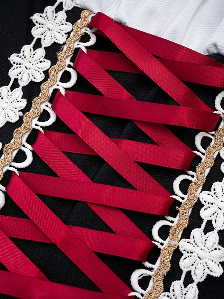 Grün 1950er Oktoberfest Dirndl Puffärmel Patchwork Kleid