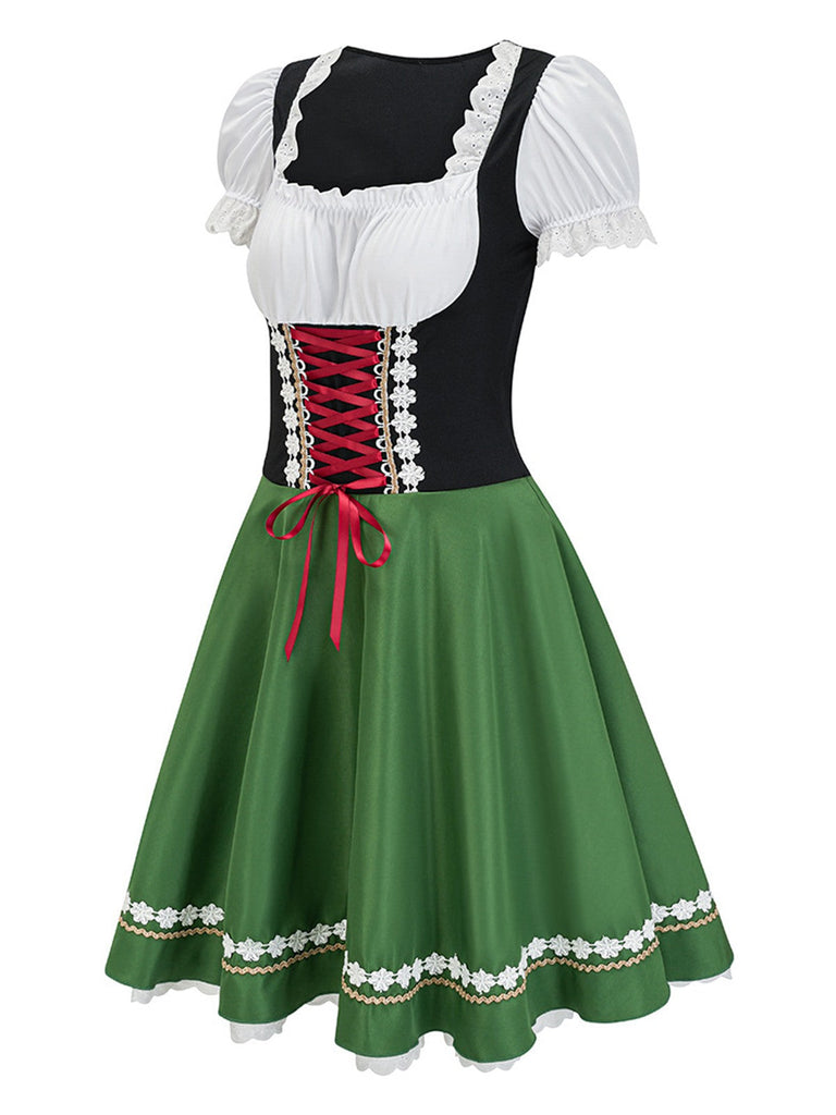 Grün 1950er Oktoberfest Dirndl Puffärmel Patchwork Kleid