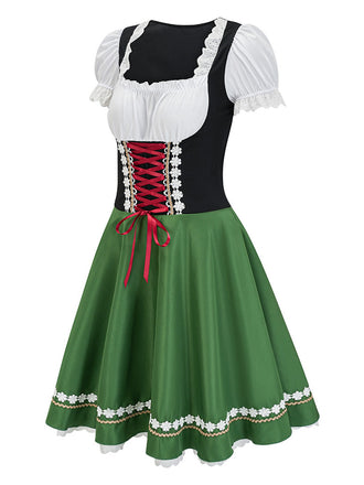 Grün 1950er Oktoberfest Dirndl Puffärmel Patchwork Kleid