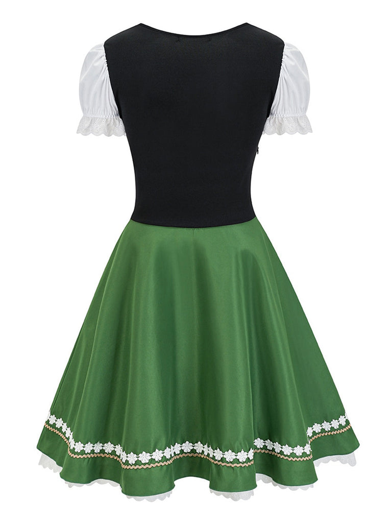 Grün 1950er Oktoberfest Dirndl Puffärmel Patchwork Kleid
