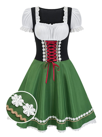 Grün 1950er Oktoberfest Dirndl Puffärmel Patchwork Kleid