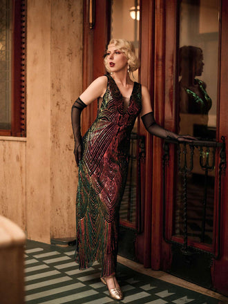 Multicolor 1920er V-Ausschnitt Pailletten Fischschwanzkleid