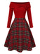 Grün 1950er Weihnachten Schulterfrei Tartan Kleid