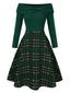 Grün 1950er Weihnachten Schulterfrei Tartan Kleid