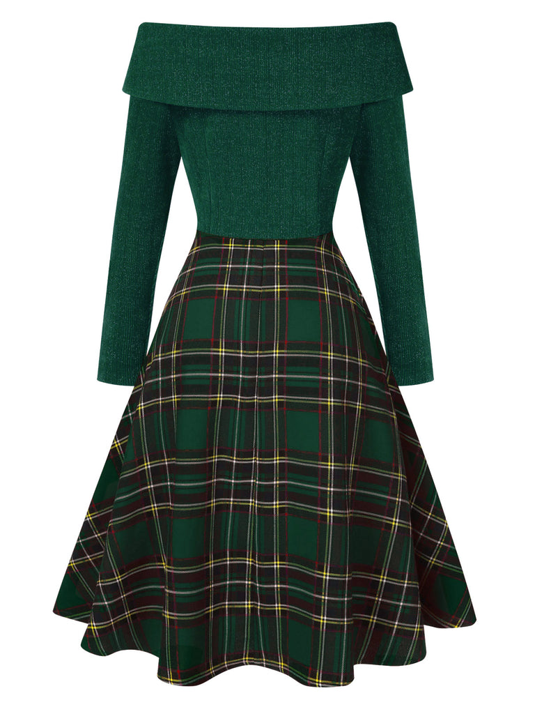 Grün 1950er Weihnachten Schulterfrei Tartan Kleid