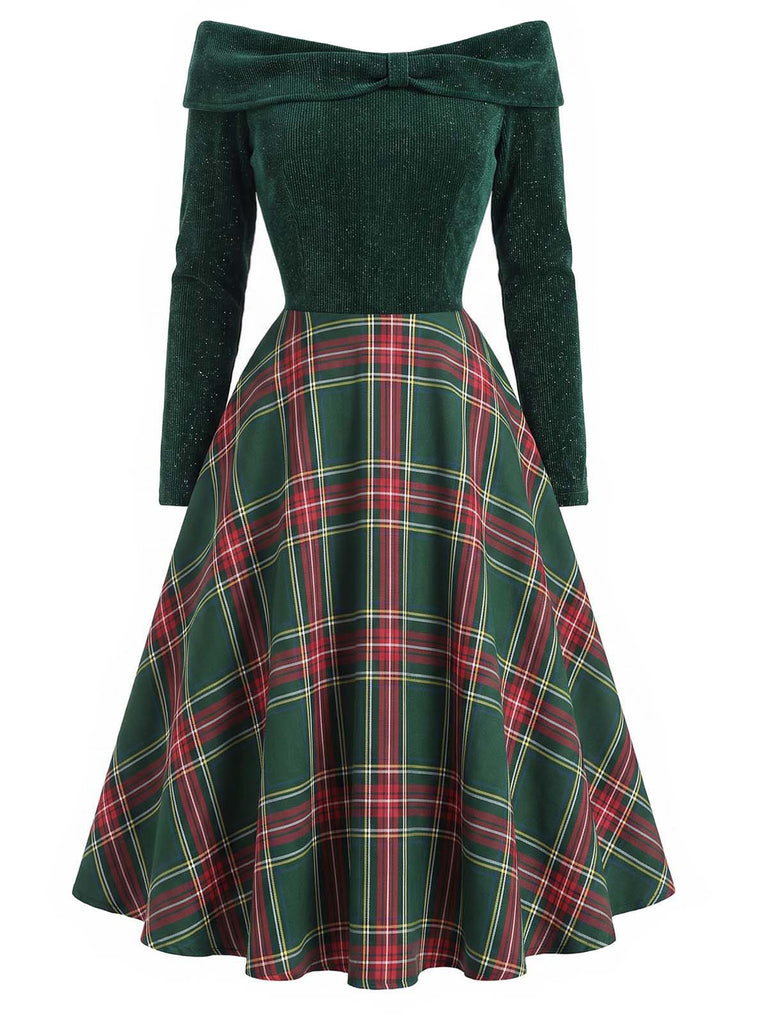 Grün 1950er Weihnachten Schulterfrei Tartan Kleid