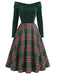 Grün 1950er Weihnachten Schulterfrei Tartan Kleid