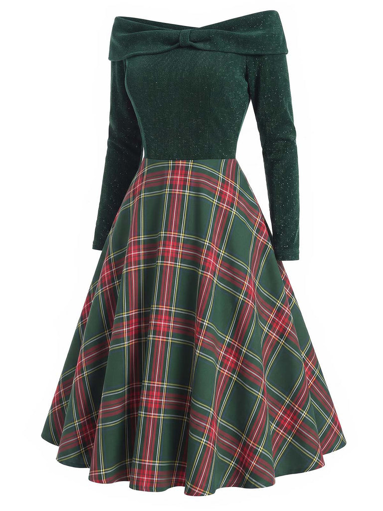 Grün 1950er Weihnachten Schulterfrei Tartan Kleid