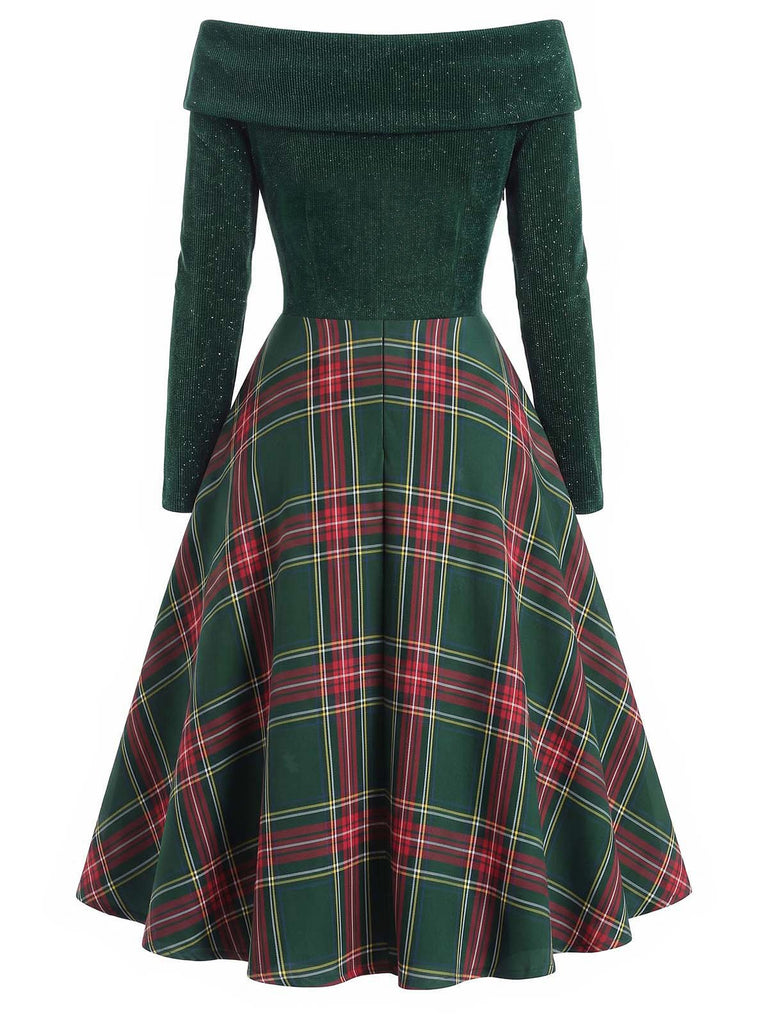 Grün 1950er Weihnachten Schulterfrei Tartan Kleid