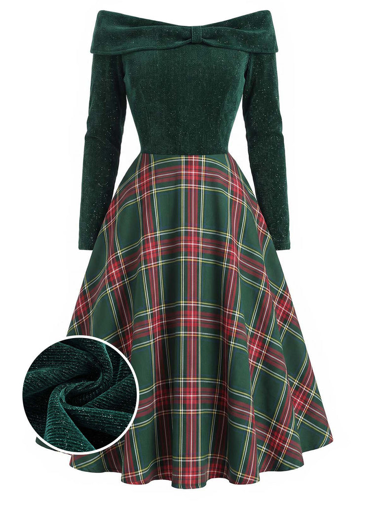 Grün 1950er Weihnachten Schulterfrei Tartan Kleid