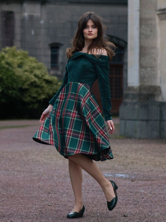 Grün 1950er Weihnachten Schulterfrei Tartan Kleid