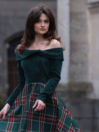 Grün 1950er Weihnachten Schulterfrei Tartan Kleid
