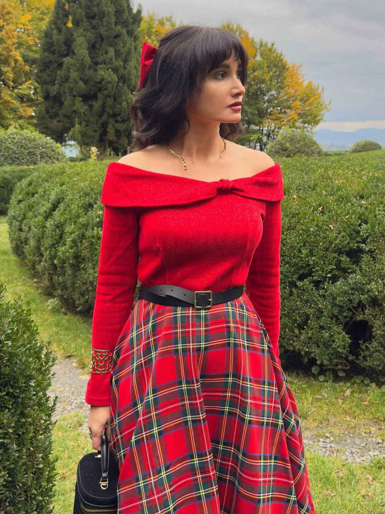 Rot 1950er Weihnachten Schulterfrei Tartan Kleid