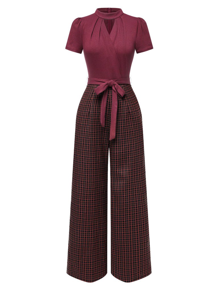 Grün 1930er Plaid Schlüssellochhals Jumpsuit