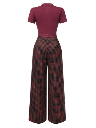 Rot 1930er Plaid Schlüssellochhals Jumpsuit