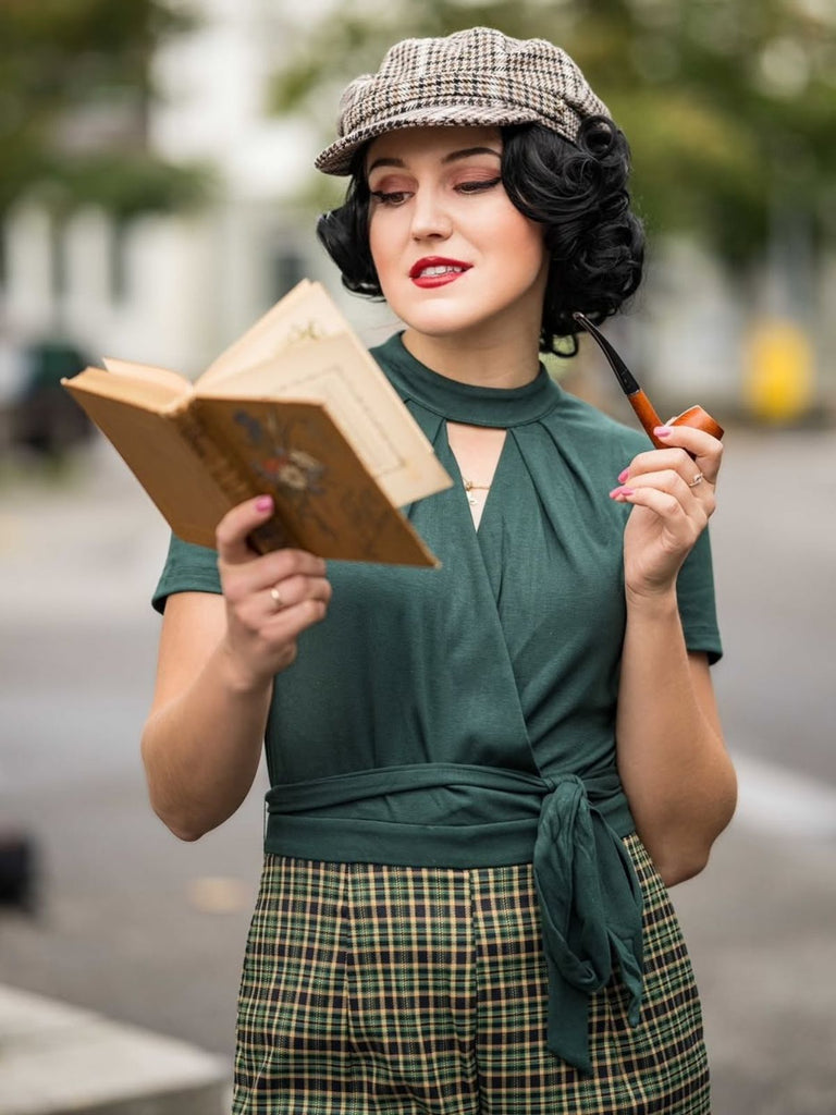 Grün 1930er Plaid Schlüssellochhals Jumpsuit