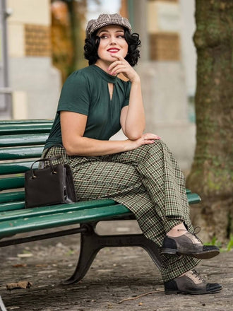 Grün 1930er Plaid Schlüssellochhals Jumpsuit