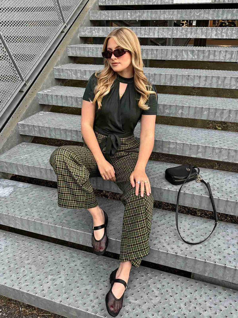 Grün 1930er Plaid Schlüssellochhals Jumpsuit