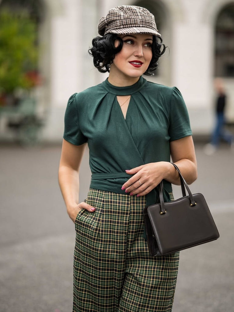 Grün 1930er Plaid Schlüssellochhals Jumpsuit