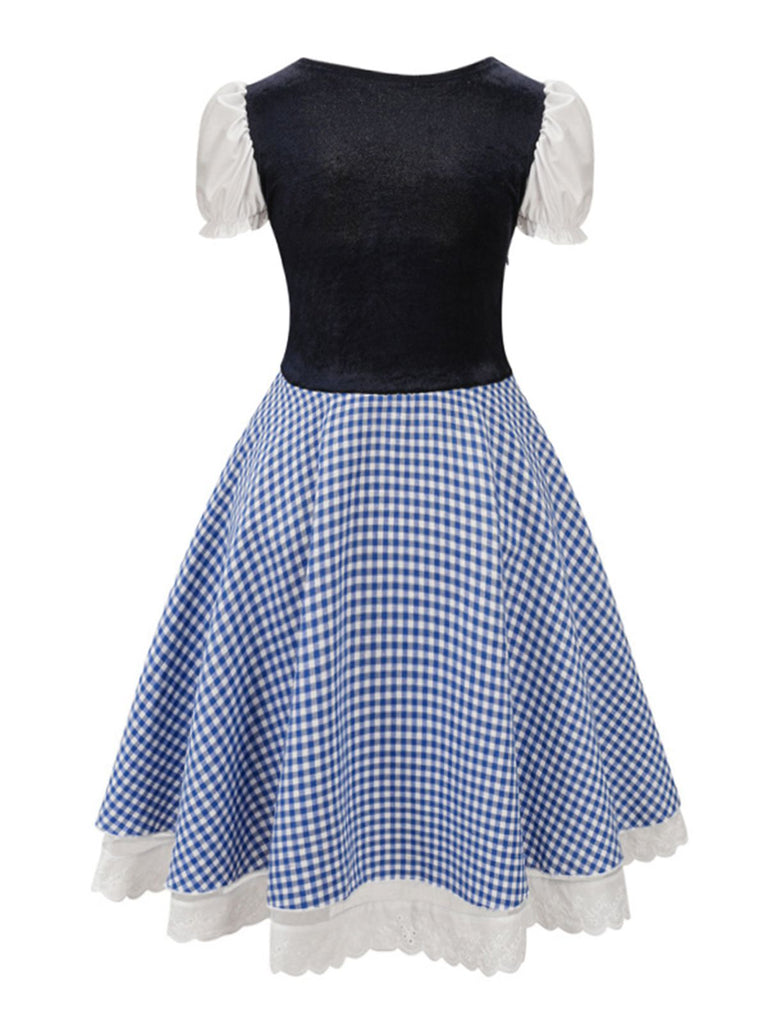 Blau 1950er Oktoberfest Dirndl Puffärmel Gingham Plaid Kleid