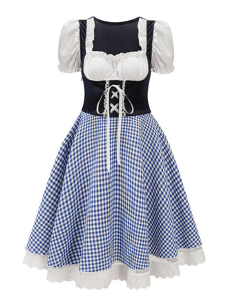 Blau 1950er Oktoberfest Dirndl Puffärmel Gingham Plaid Kleid