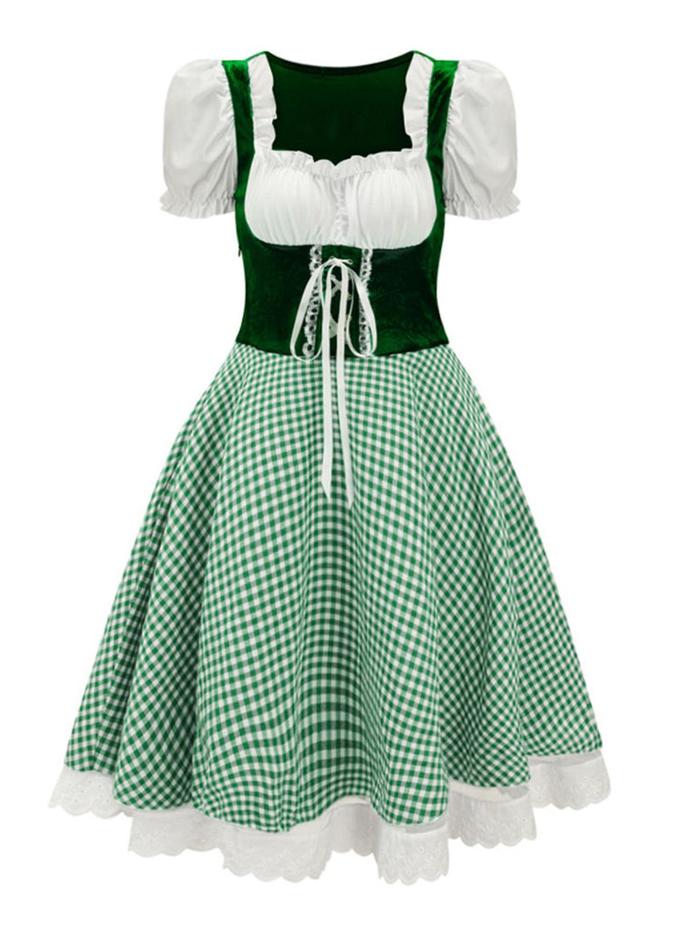 1950er Oktoberfest Dirndl Puffärmel Gingham Plaid Kleid