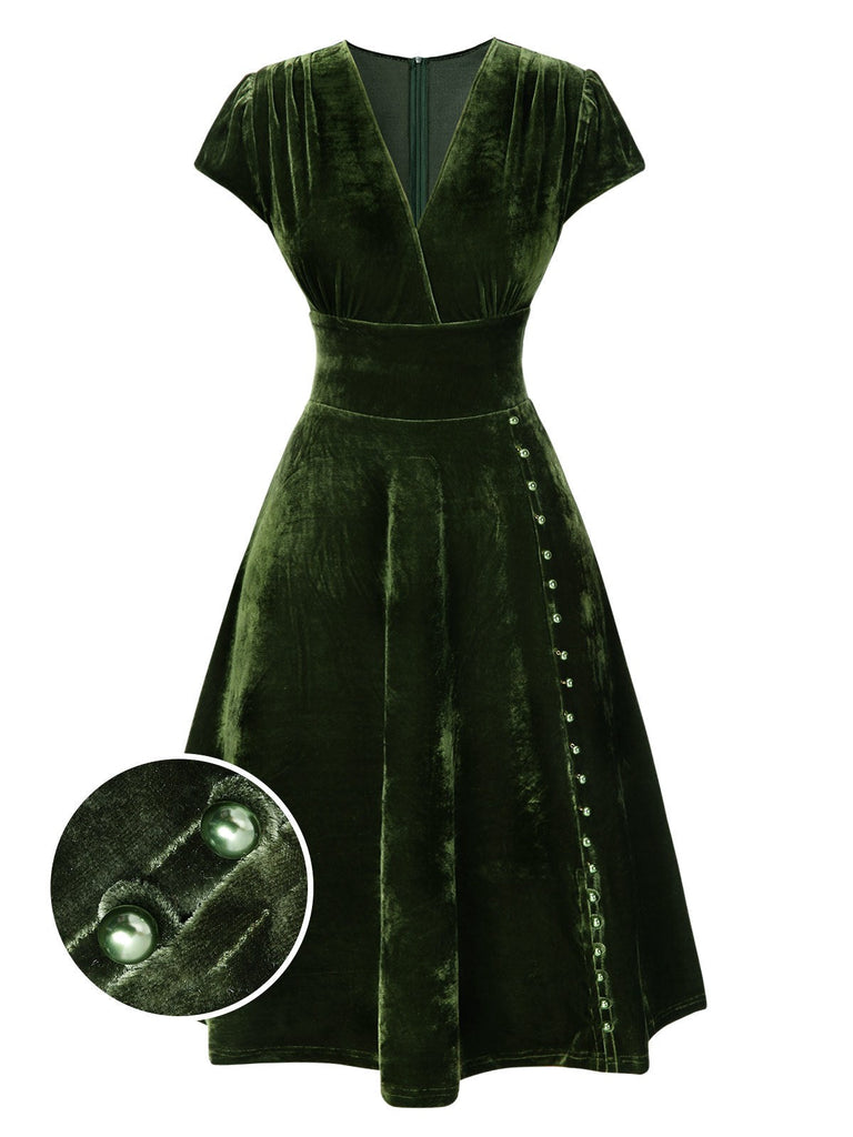 Grün 1940er Tief V-Ausschnitt Perle Samt Kleid