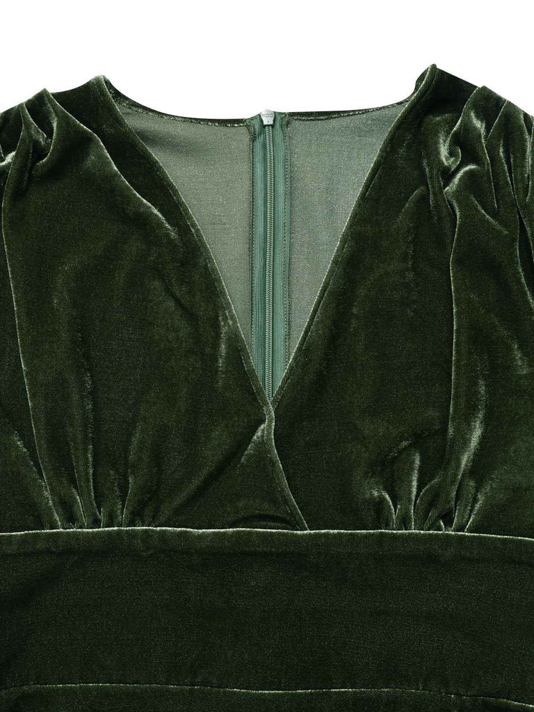 Grün 1940er Tief V-Ausschnitt Perle Samt Kleid