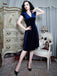 Blau 1940er Tief V-Ausschnitt Perle Samt Kleid