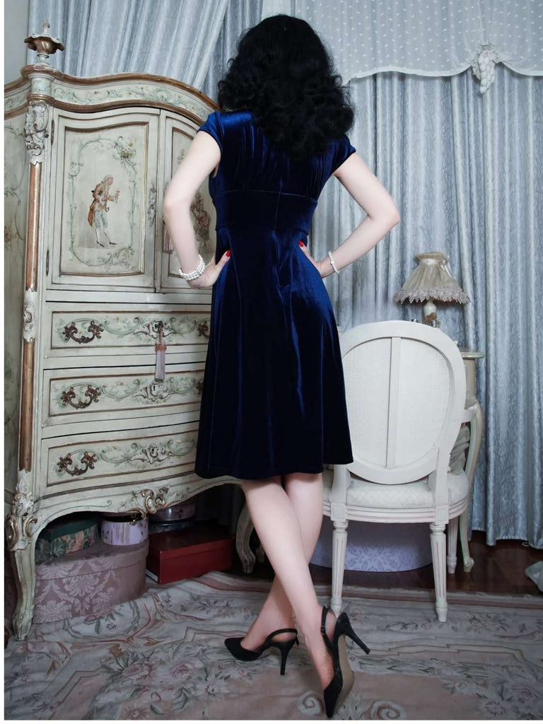 Blau 1940er Tief V-Ausschnitt Perle Samt Kleid