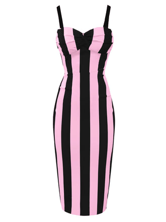 [Vorverkauf] Rosa & Schwarz 1960er Vertikale Streifen Träger Bleistiftkleid