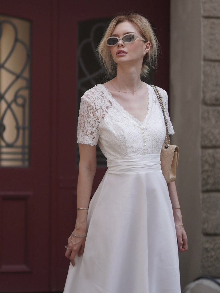 Weiß 1940er V-Ausschnitt Spitze Patchwork Kleid