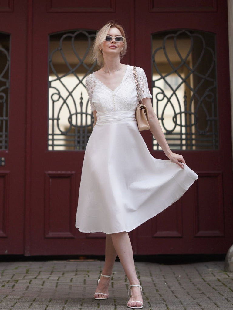 Weiß 1940er V-Ausschnitt Spitze Patchwork Kleid