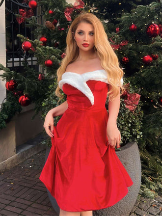 Rot 1960er Kunstpelz Schulterfrei Kleid