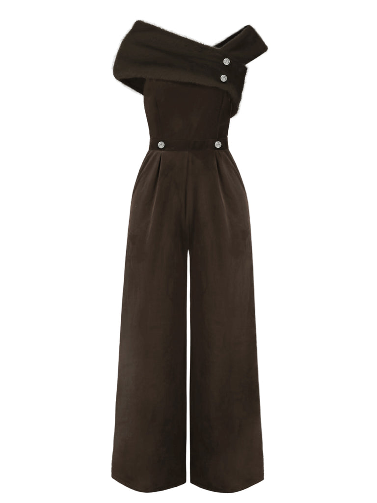 Braun 1950er Samt Schulterfrei Taste Jumpsuit
