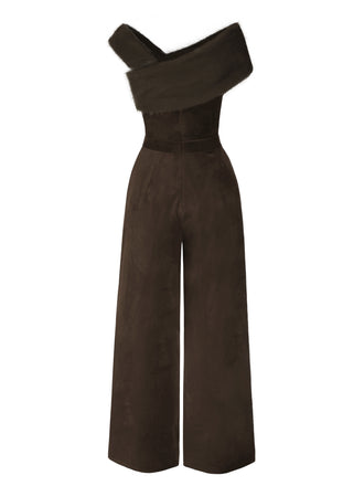 Braun 1950er Samt Schulterfrei Taste Jumpsuit