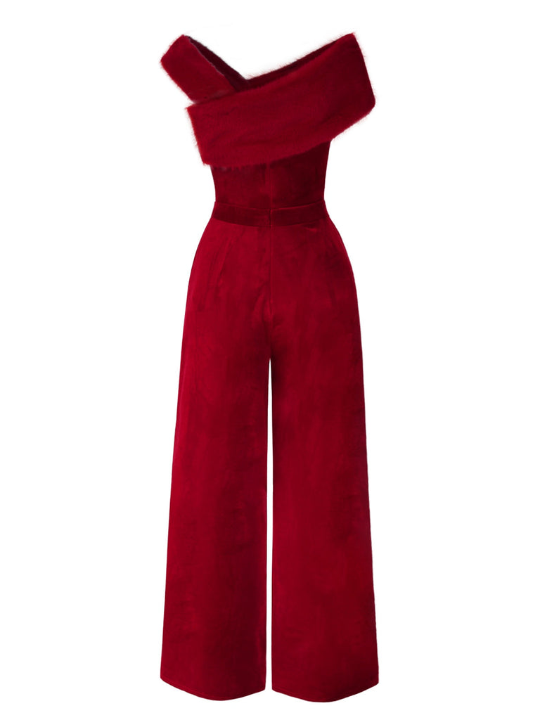 Grün 1950er Samt Schulterfrei Taste Jumpsuit